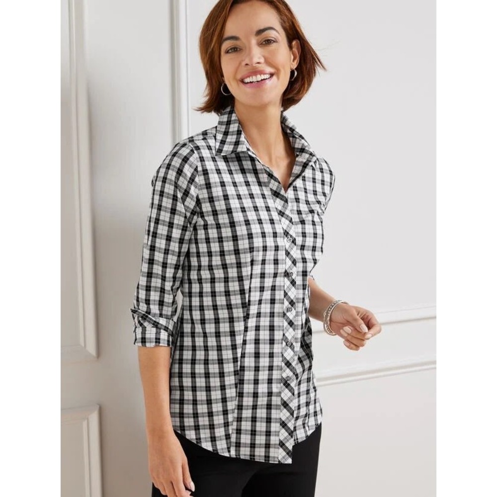 TALBOTS 20W NON-IRON PERFECT SHIRT PLAZA PLAID BLACK WHITE COTTON
